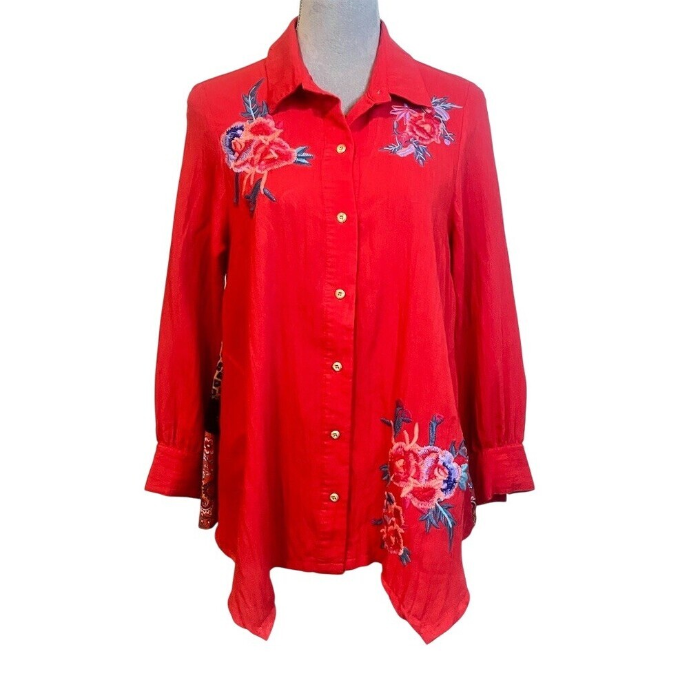 Boho Western Floral Patchwork Shirt S Red Embroidered Animal Print Festival